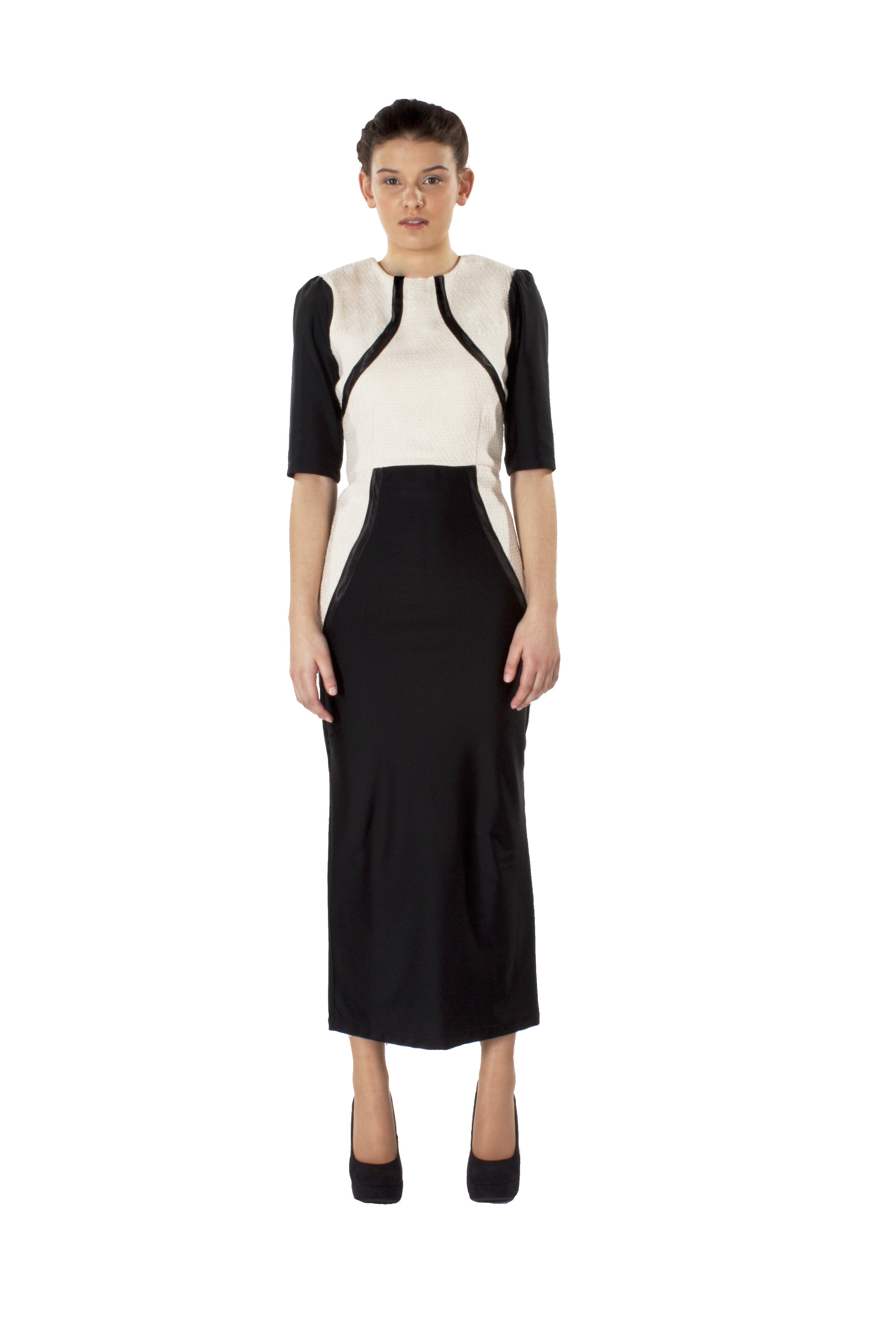 TWEED BLUSH BLACK CONTRAST MAXI DRESS