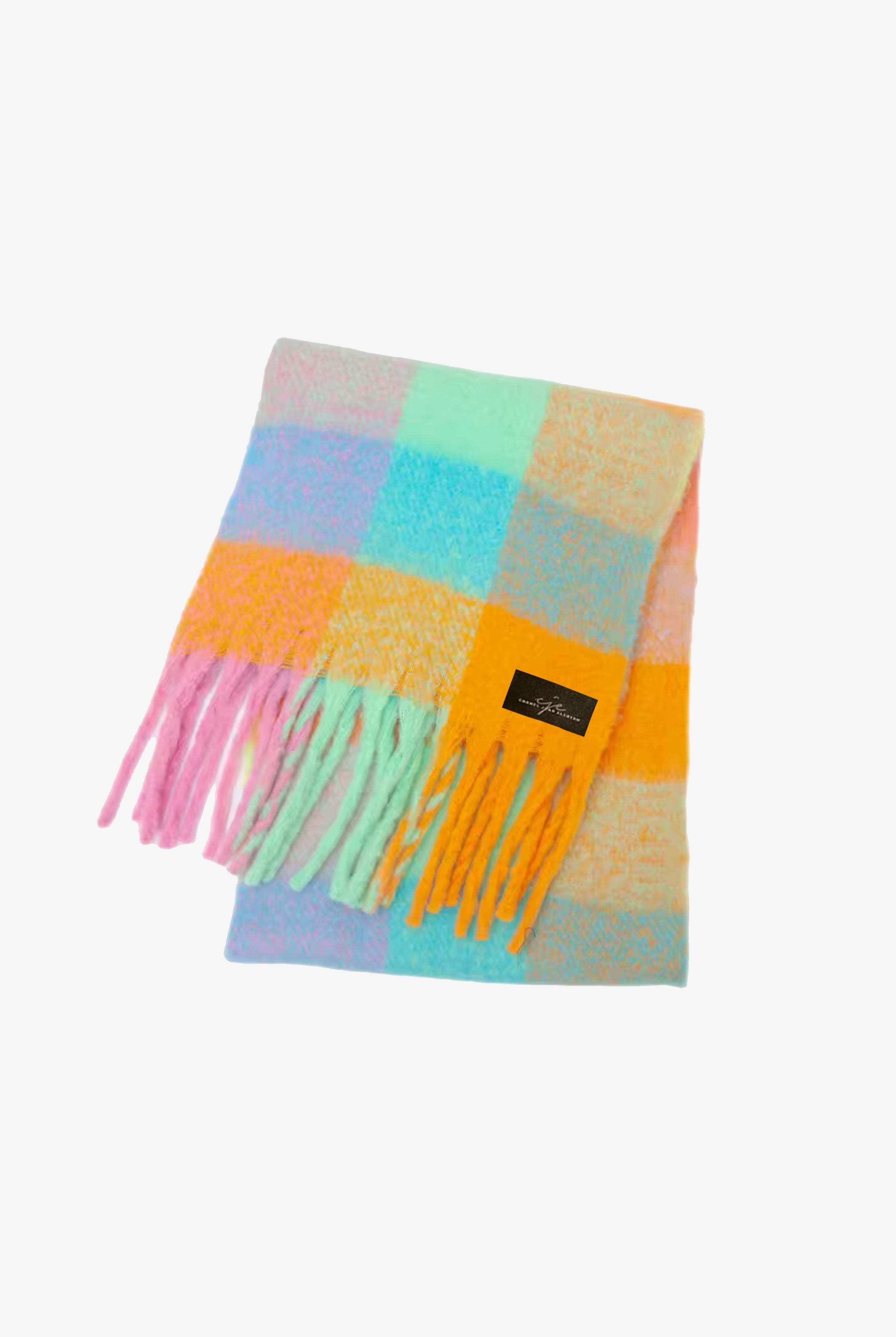 Multicoloured Pastel Checkered Large Fringed Cashmere-Blend Winter Scarf