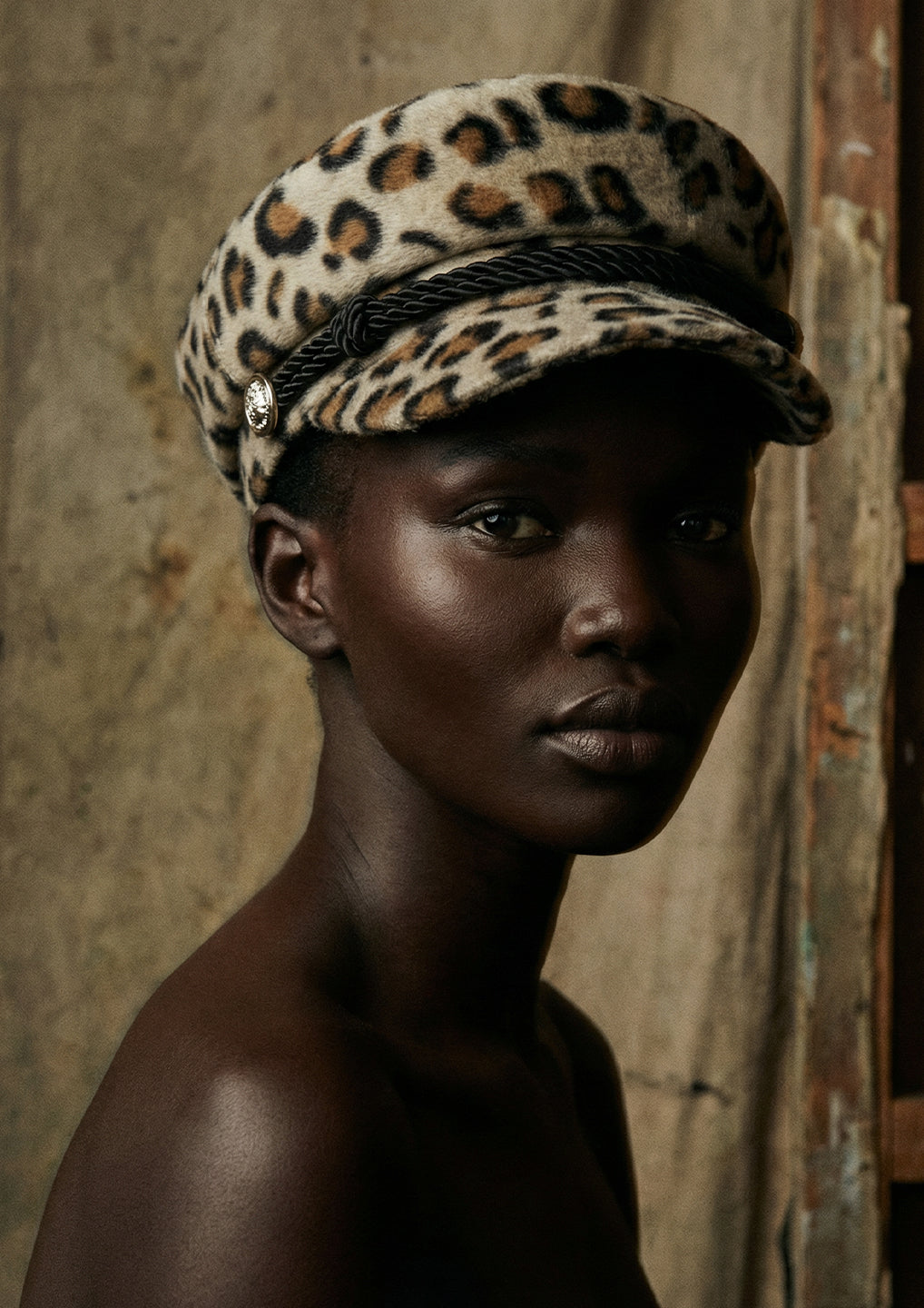 Braided Trim Leopard Print Baker Boy Hat