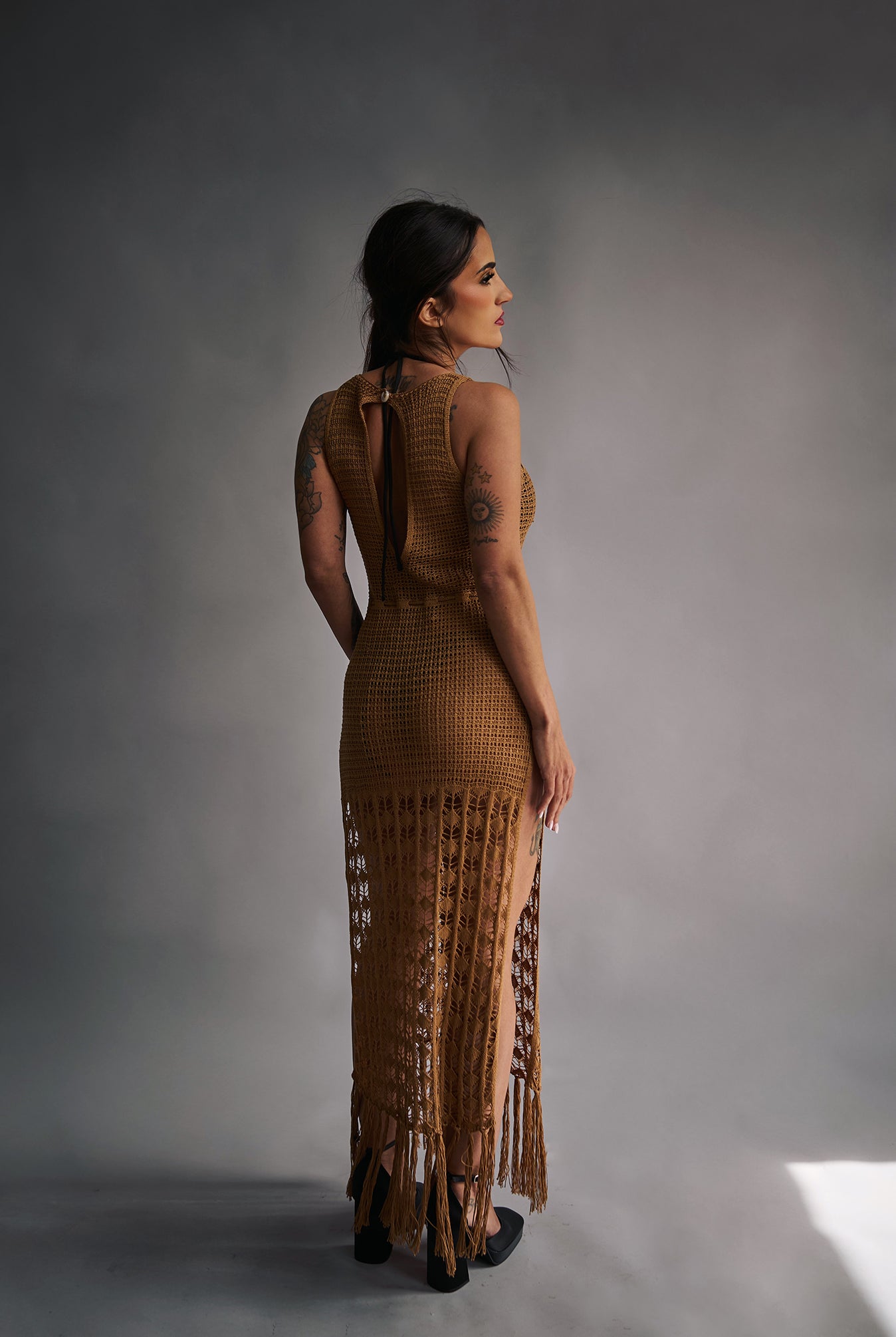 Brown Crochet Knitted Tasseled Summer Beach Dress