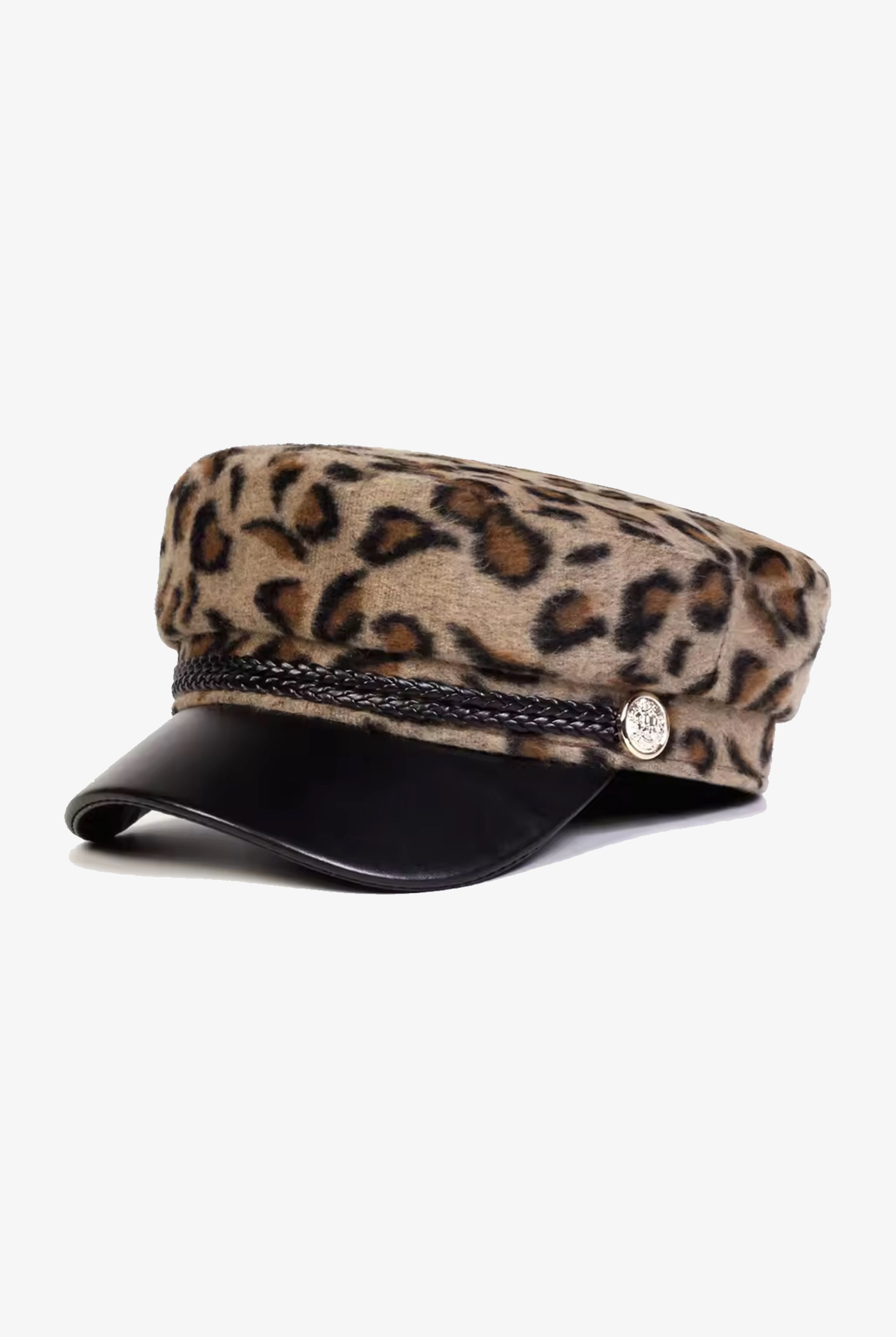 Braided Trim Faux-Leather Front Leopard Print Baker Boy Hat