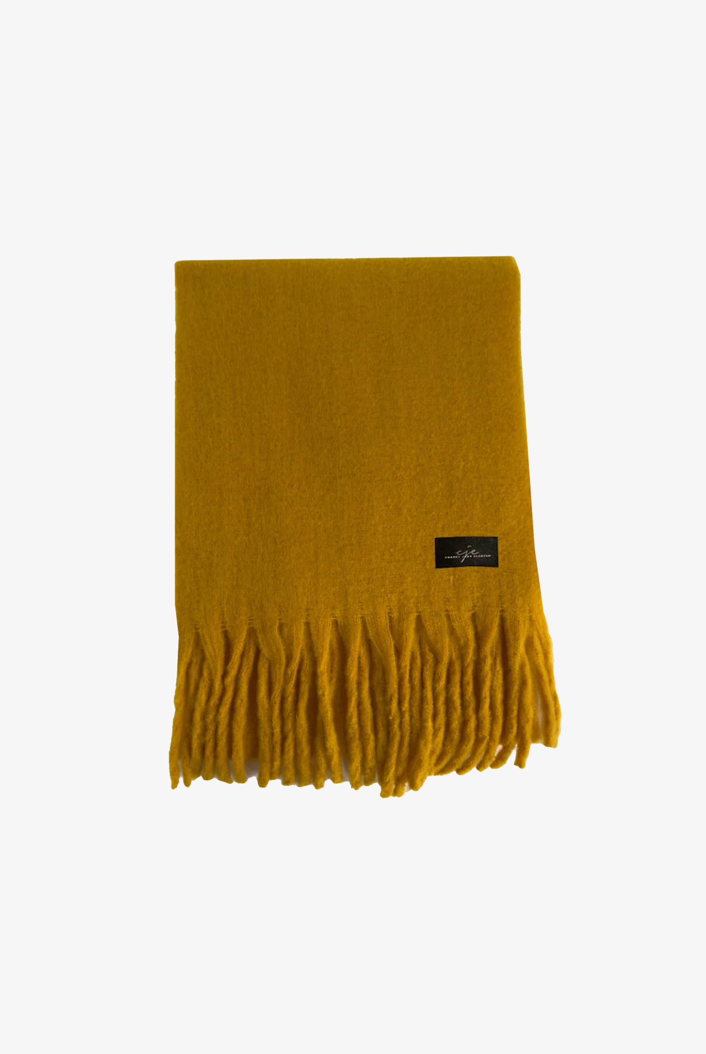 Large Fringed Cashmere-Blend Winter Scarf Mustard Yellow