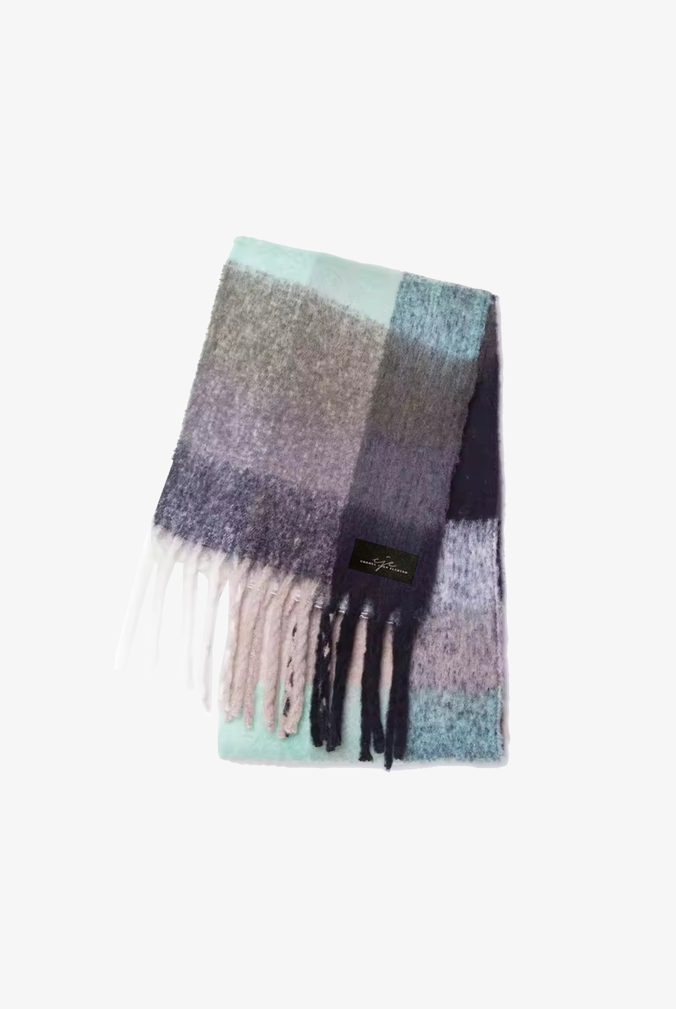 Grey Checkered Large Fringed Cashmere-Blend Winter Scarf