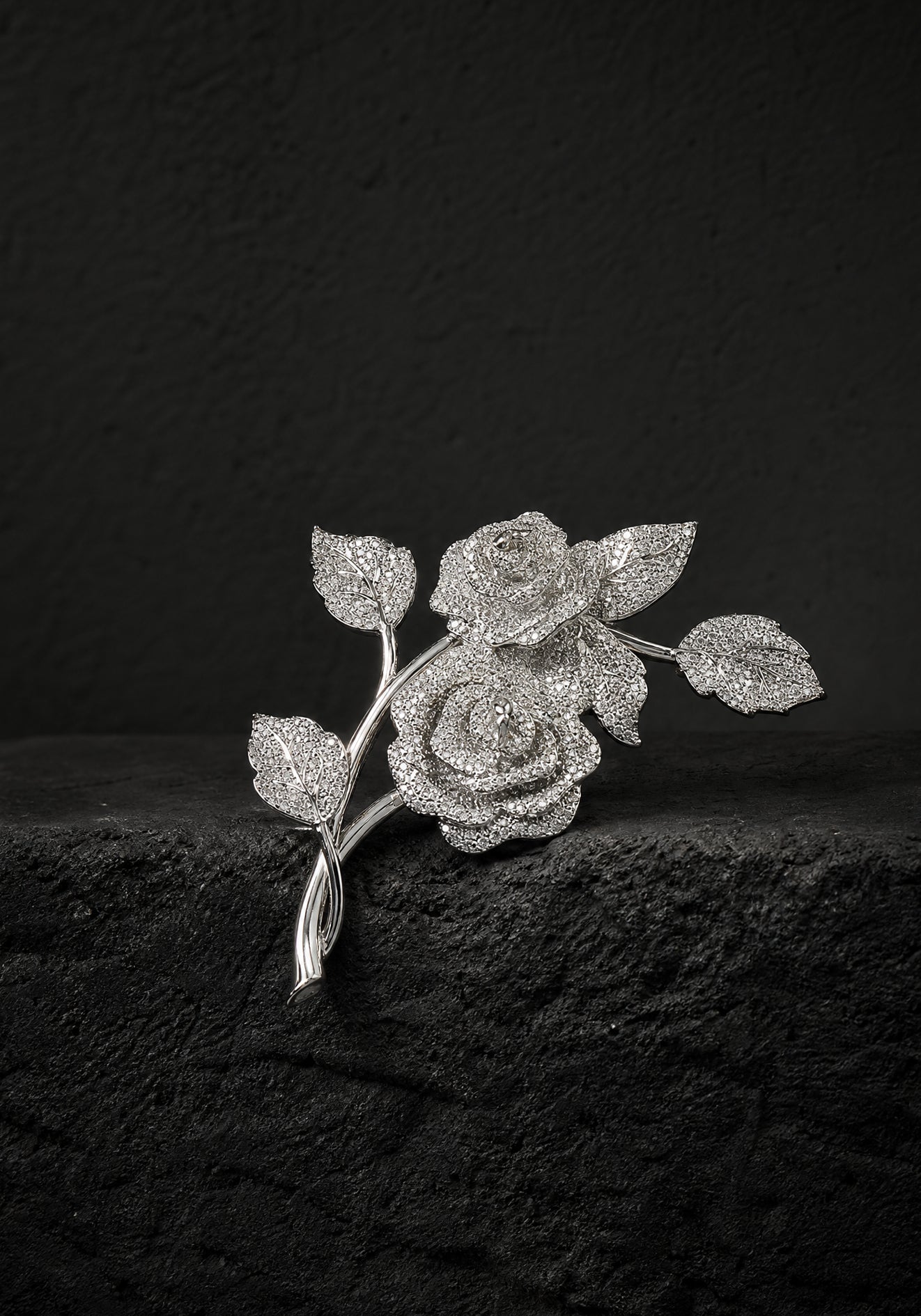 Silver Crystal Roses Brooch