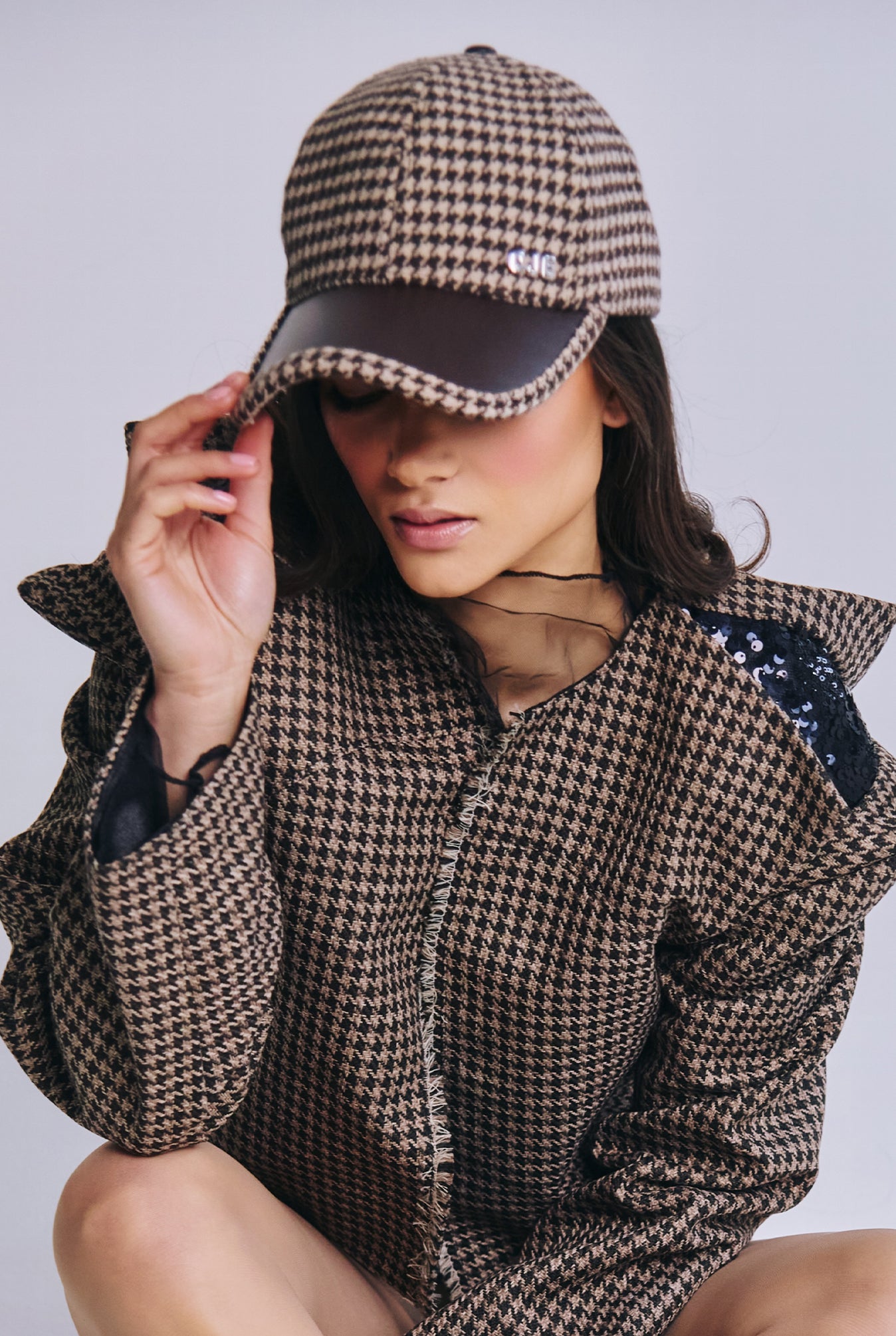 Silver CJE Embellished Brown Houndstooth Cap