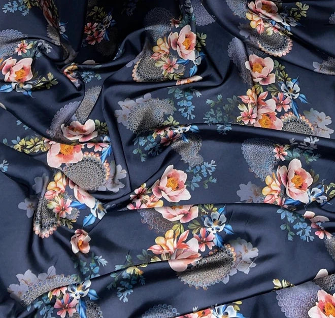 BLUE BOTANICAL SILK CHARMEUSE SCARF