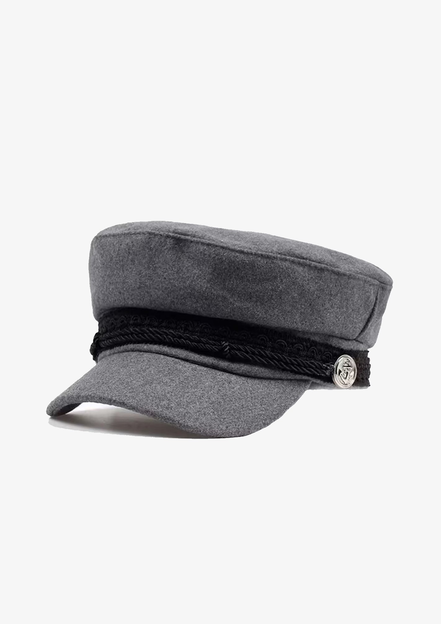 GREY EMBROIDERED TRIM BAKER BOY HAT