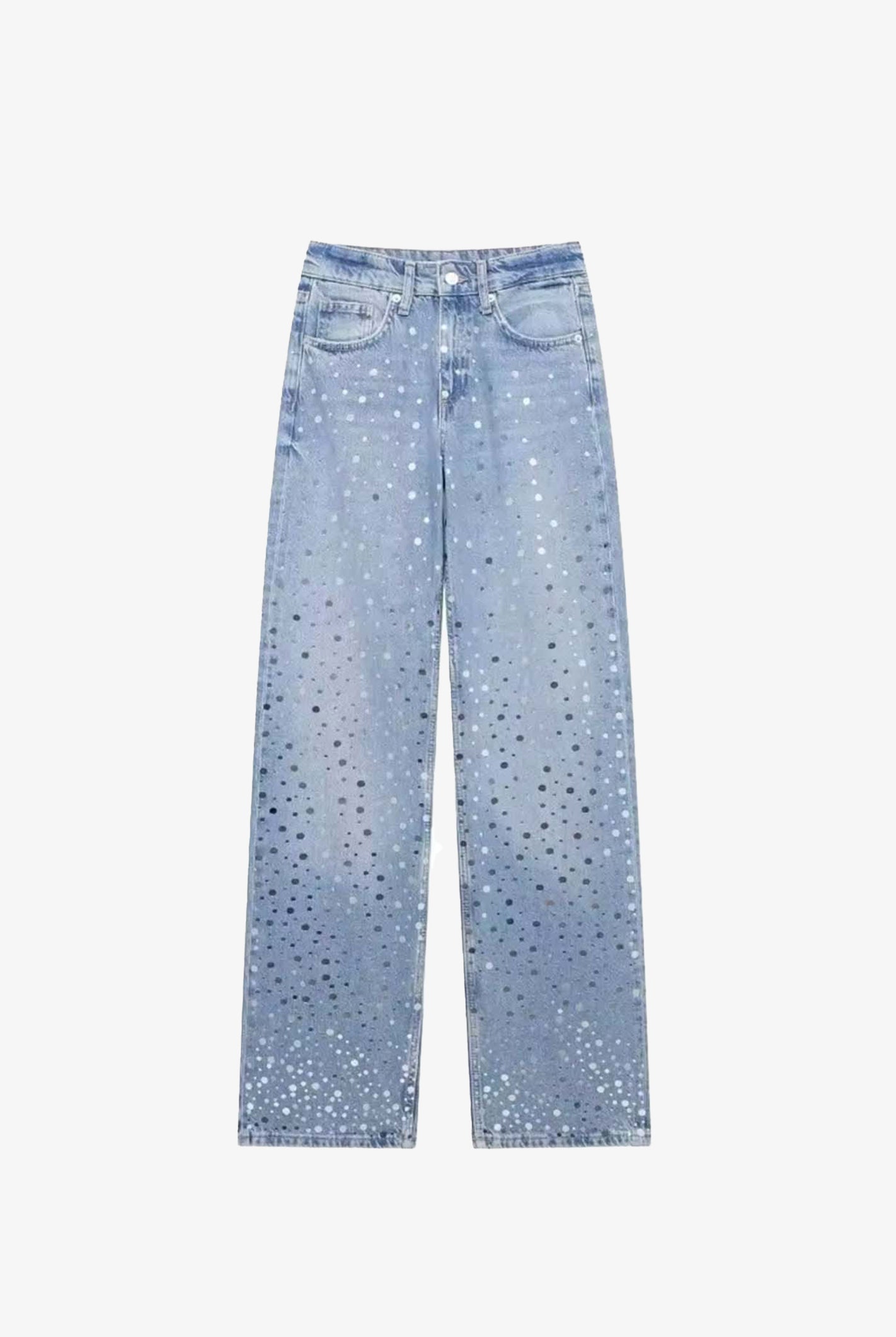 Blue Mirror Dots Detailed Straight Leg Jeans
