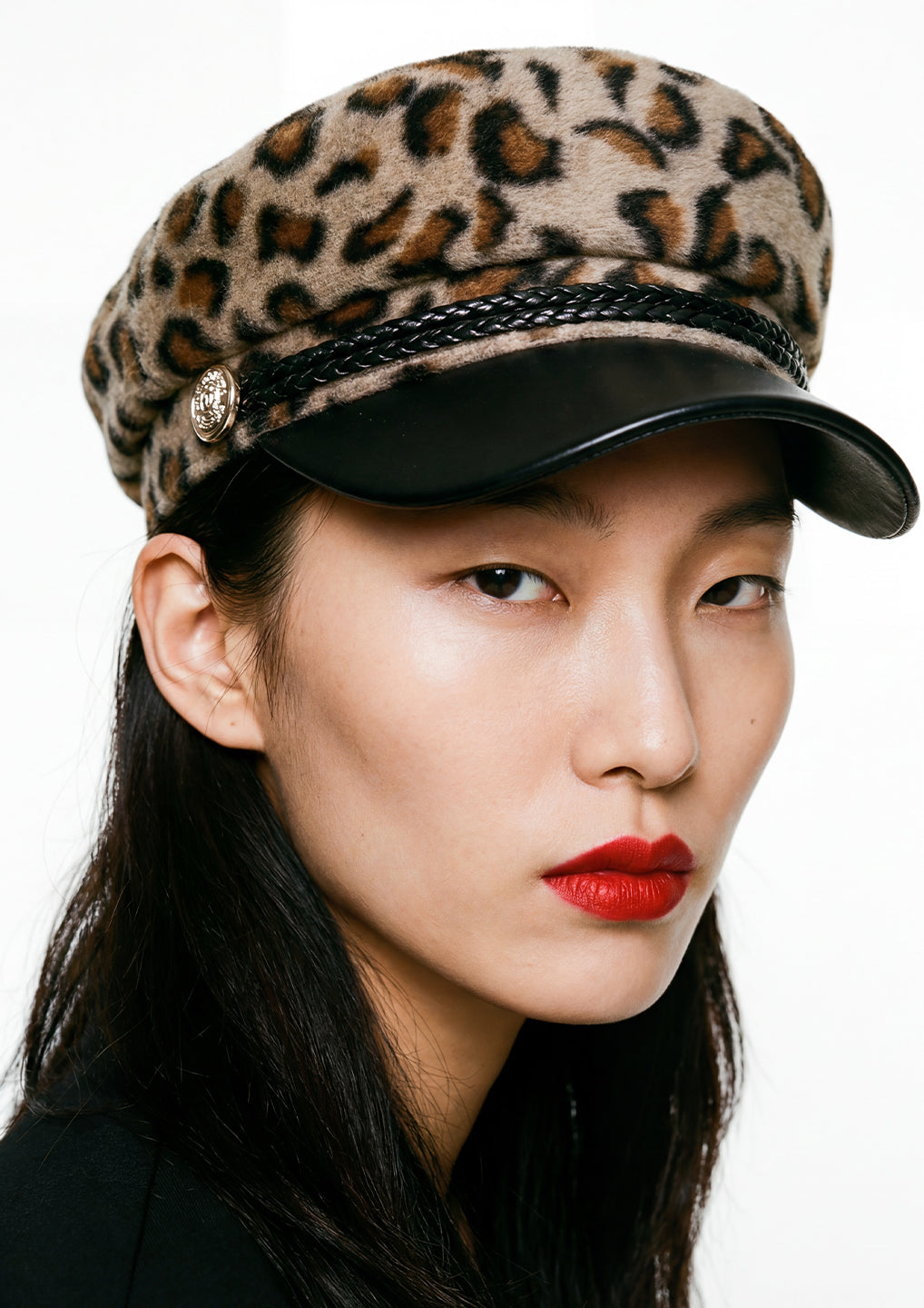 Braided Trim Faux-Leather Front Leopard Print Baker Boy Hat