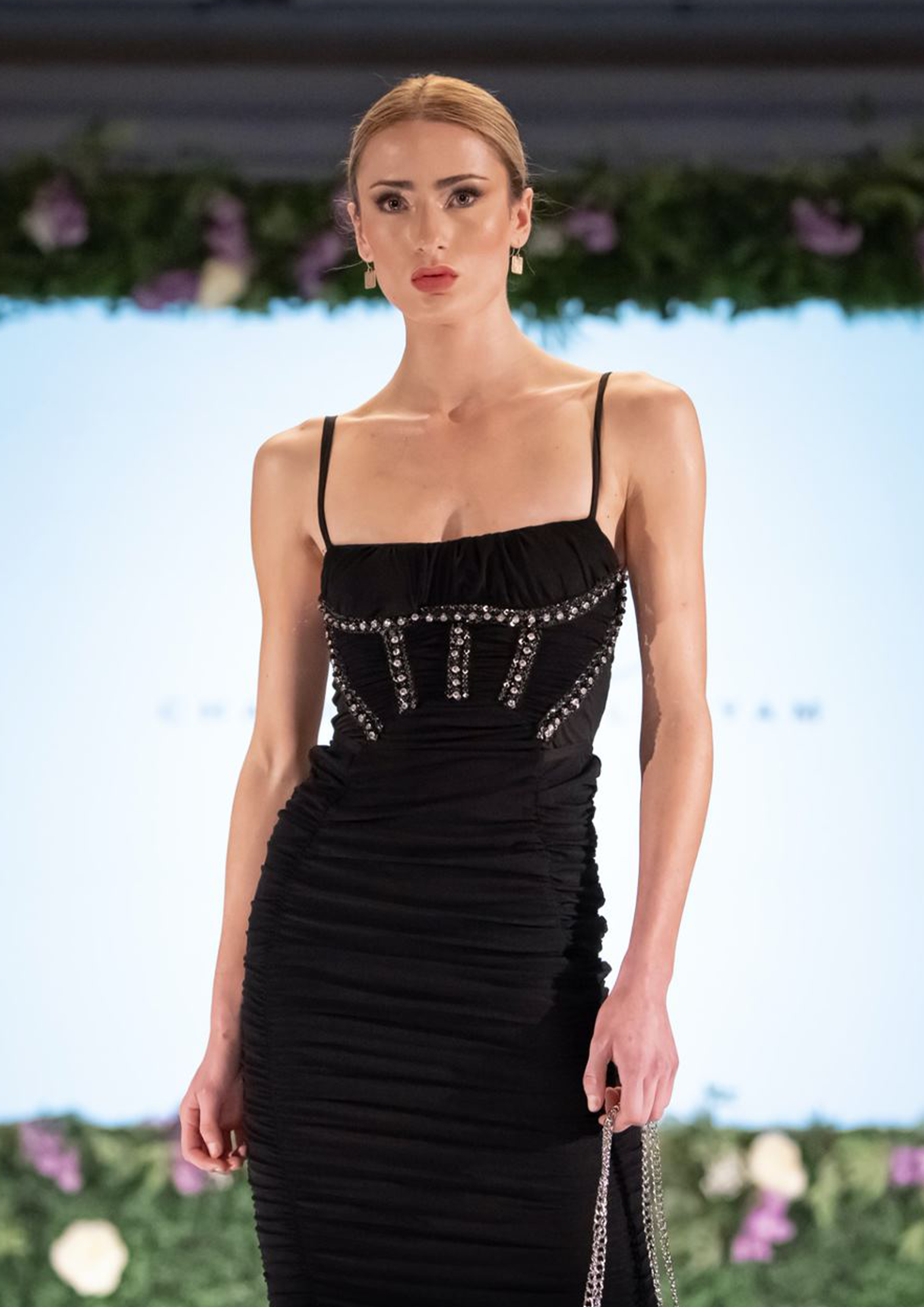 LONG RUCHED HAND EMBELLISHED DRESS