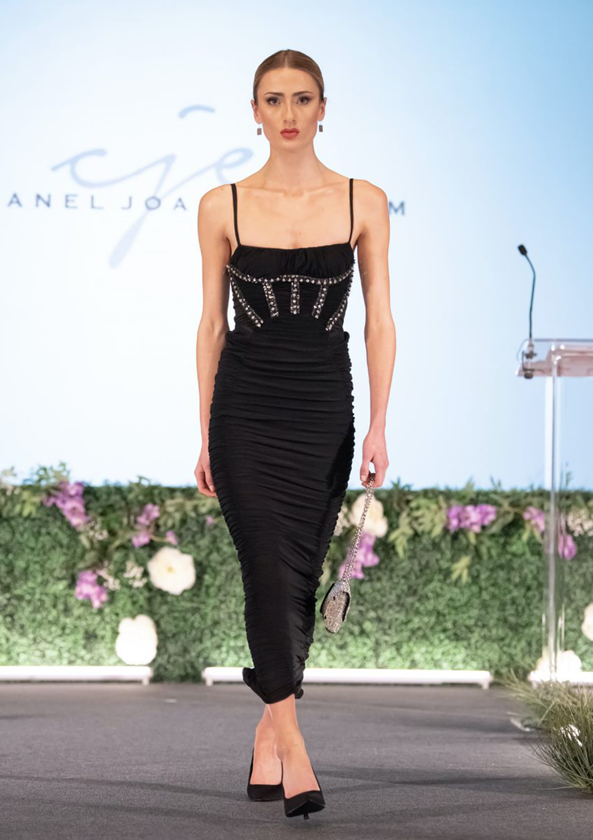 LONG RUCHED HAND EMBELLISHED DRESS