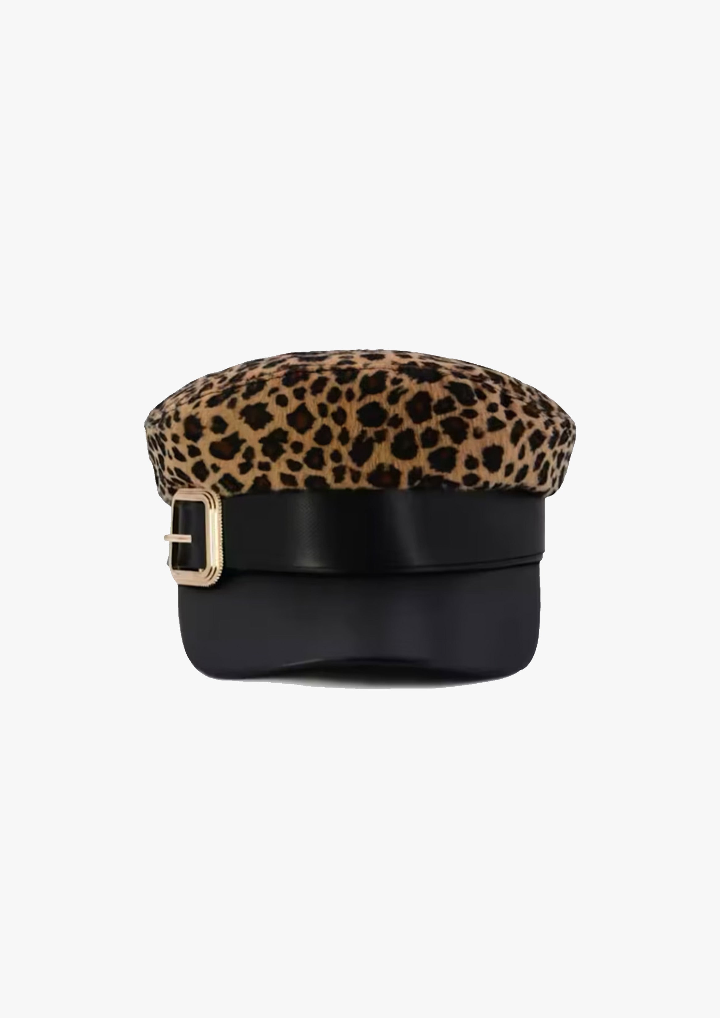 Leopard Print Buckled Baker Boy Hat