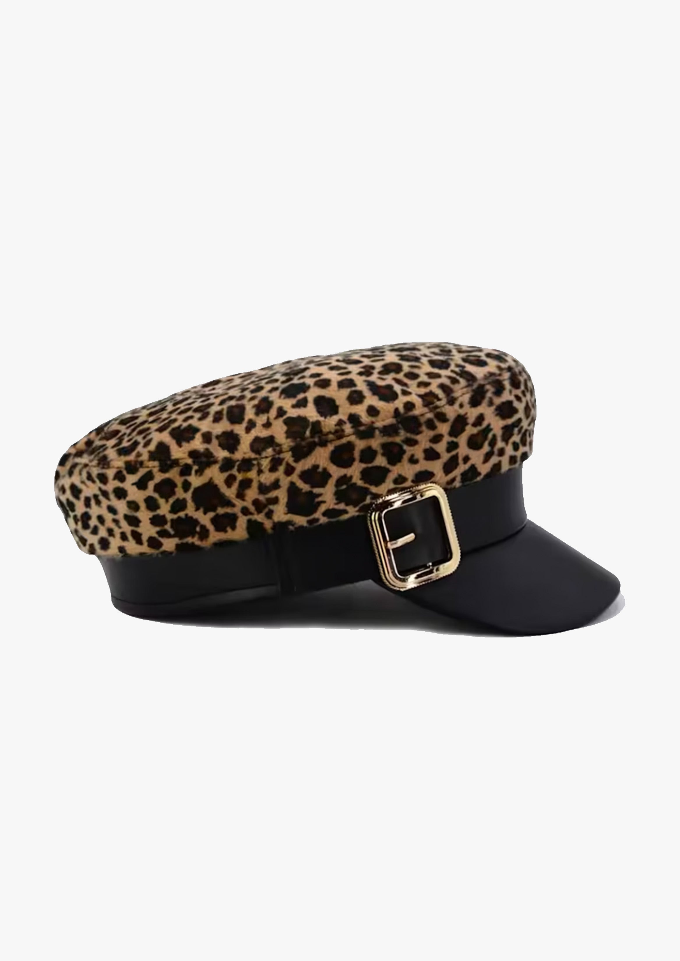 Leopard Print Buckled Baker Boy Hat
