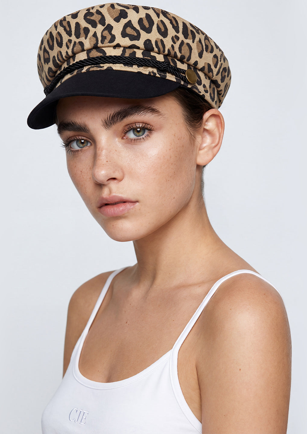 Leopard Print Braided Trim Denim Baker Boy Hat