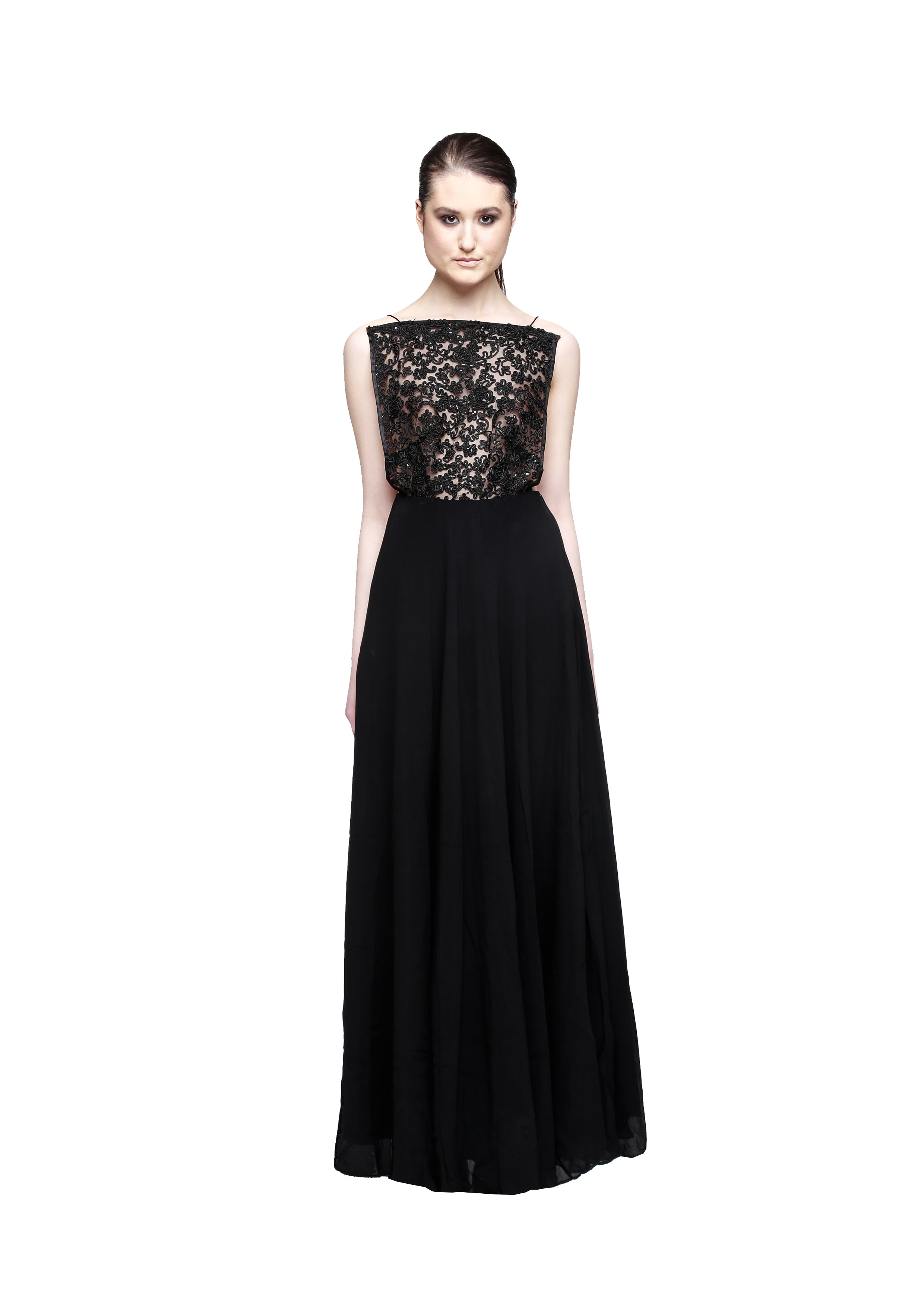EMBROIDERED LACE CHIFFON DRESS