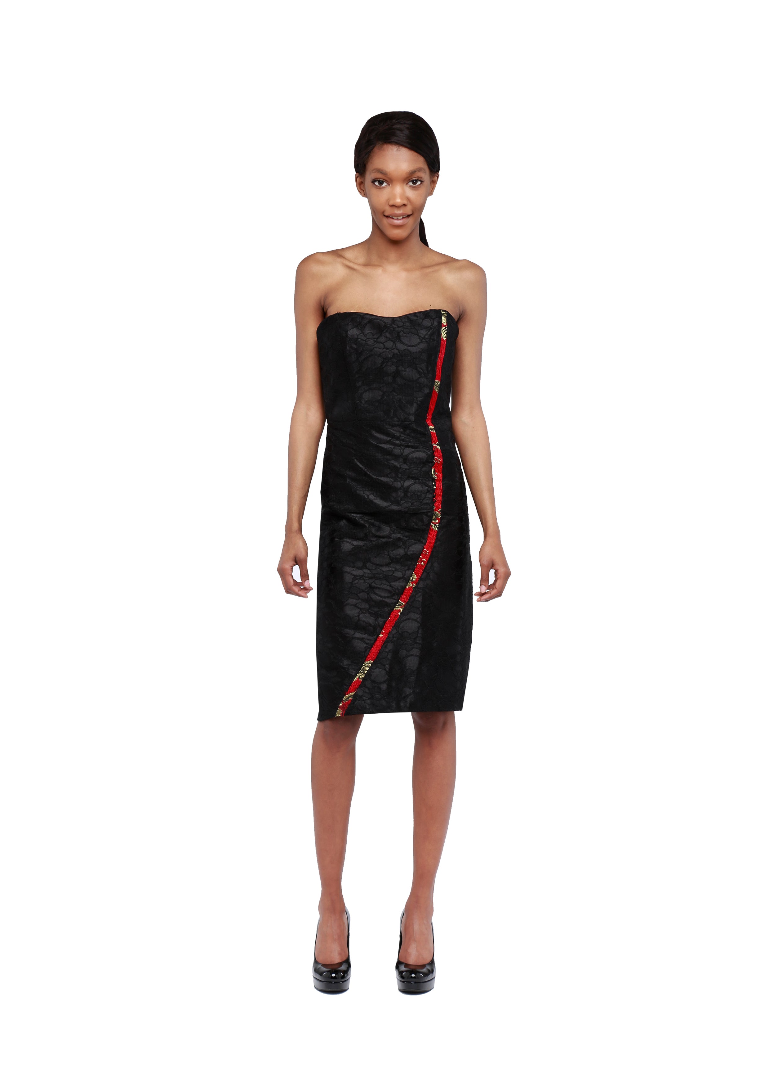 ASYMMETRIC JACQUARD LINE STRAPLESS DRESS