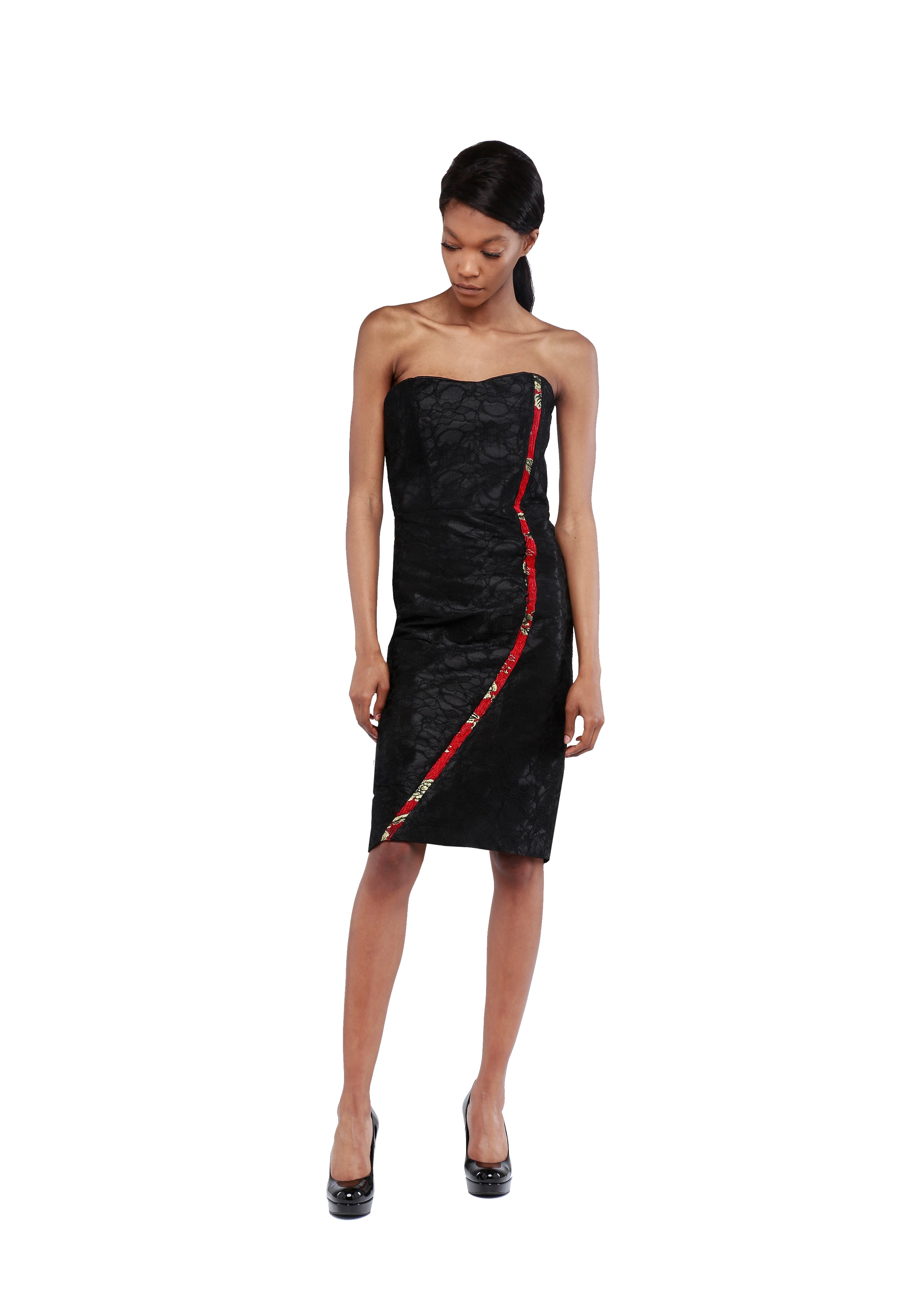 ASYMMETRIC JACQUARD LINE STRAPLESS DRESS