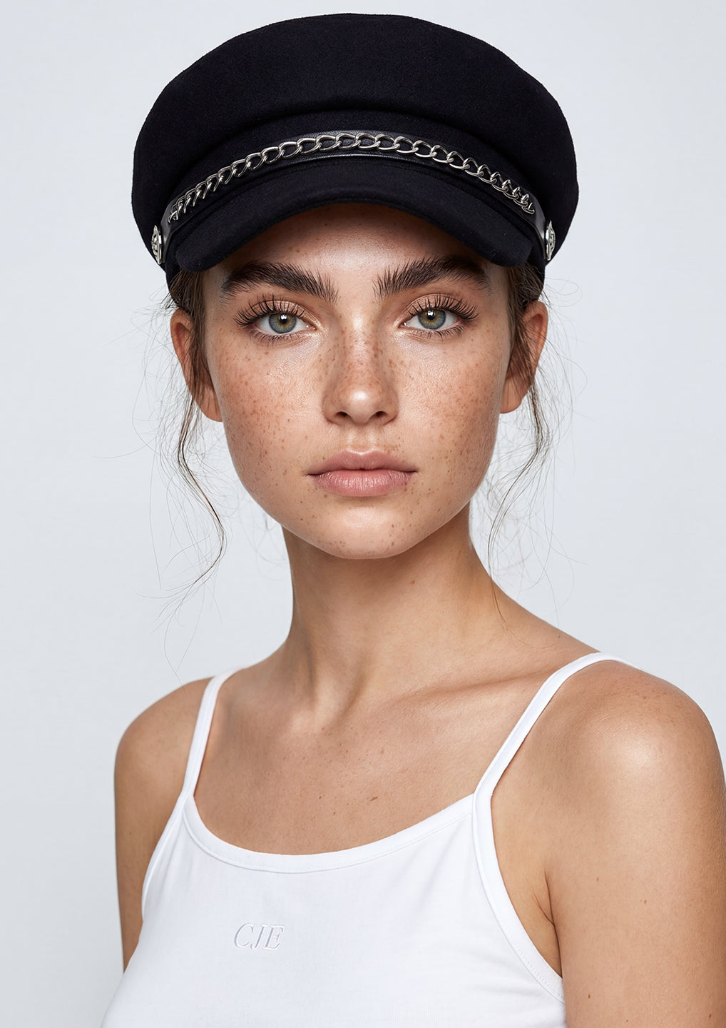 Chain Trim Detailed Black Wool Blend Baker Boy Hat