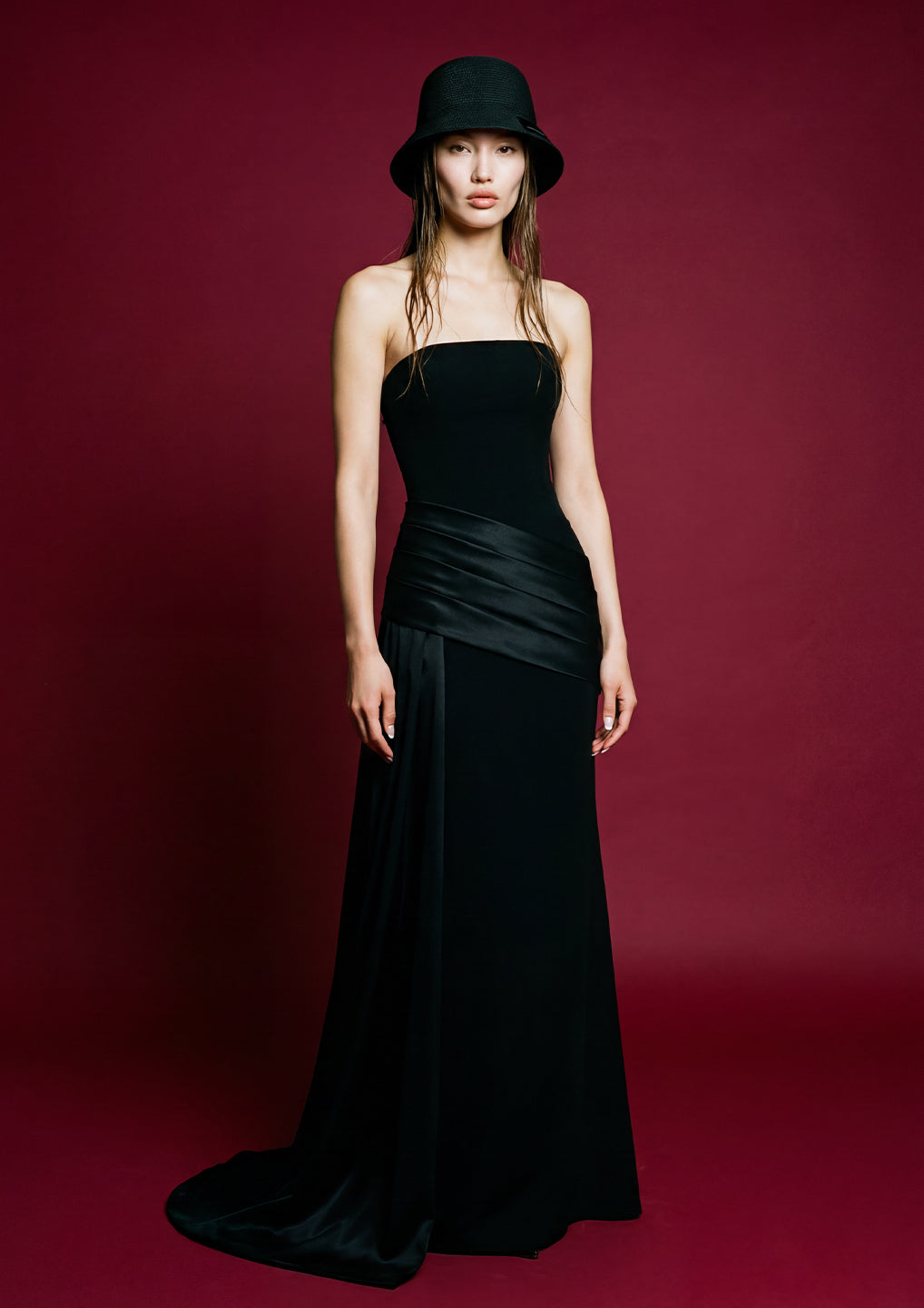 Black Strapless Pleated Drape Gown