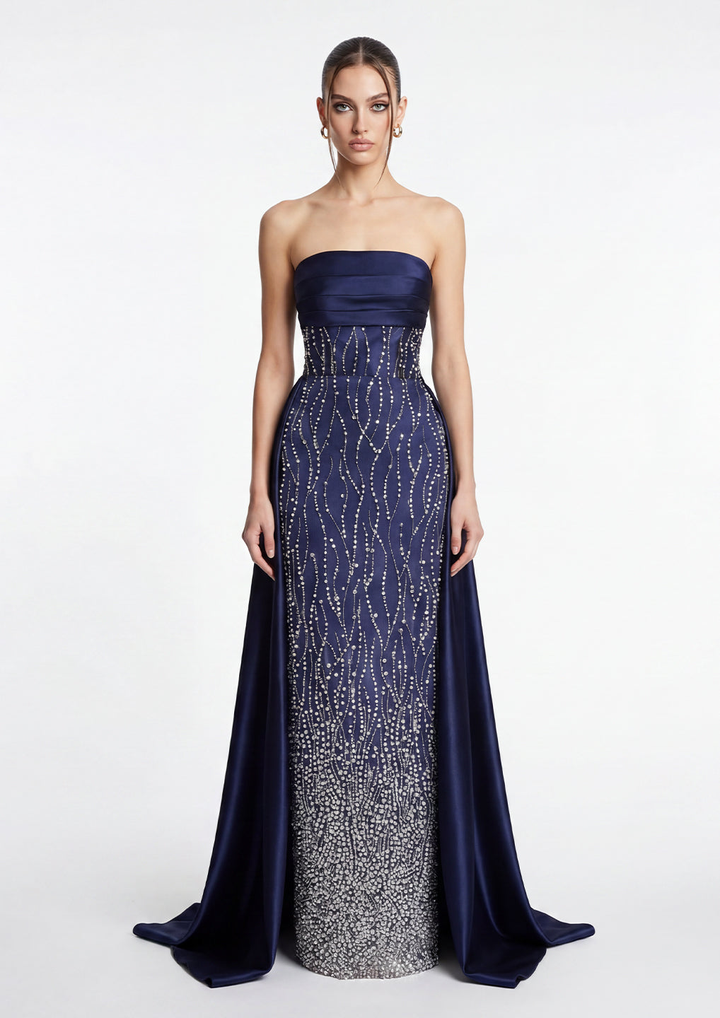 Navy Beaded Strapless Gown