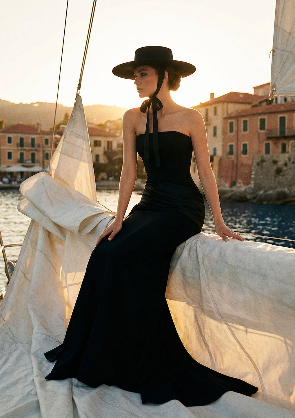 Black Strapless Pleated Drape Gown