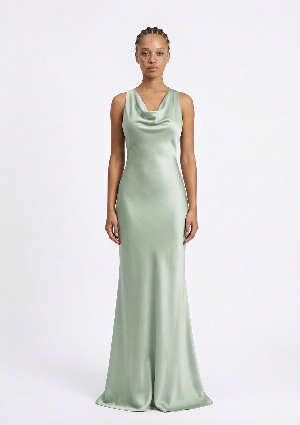 Sage Green Open Back Satin Gown