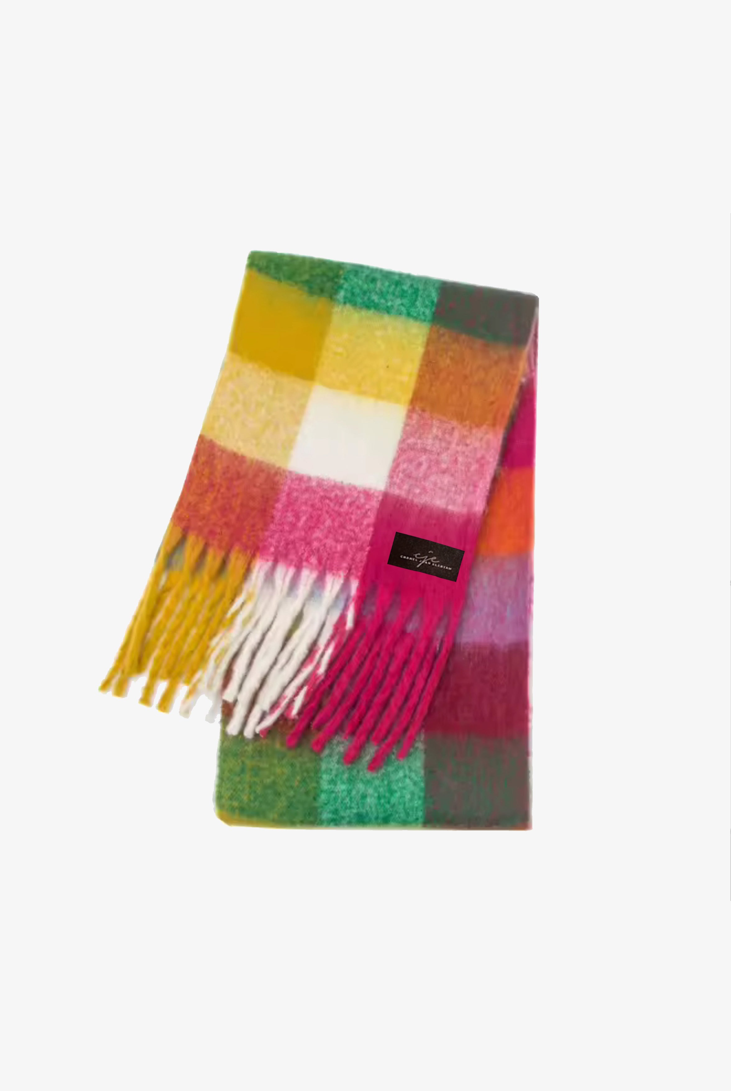 Multicoloured Checkered Large Fringed Cashmere-Blend Winter Scarf