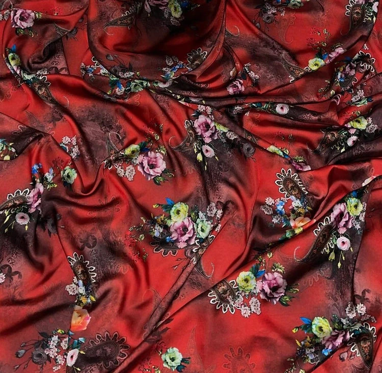 RED PAISLEY BLOSSOM SILK CHARMEUSE SCARF
