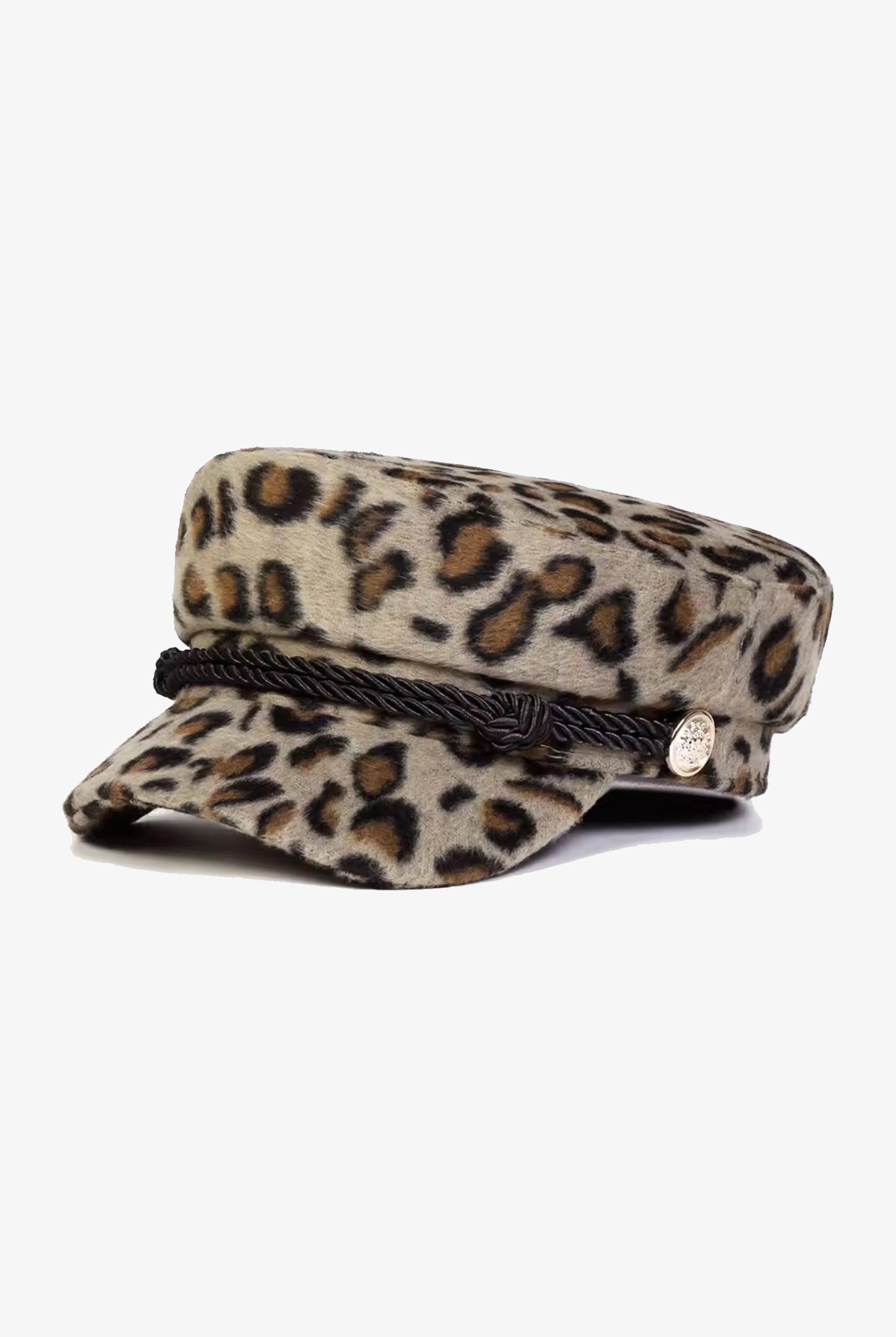 Braided Trim Leopard Print Baker Boy Hat