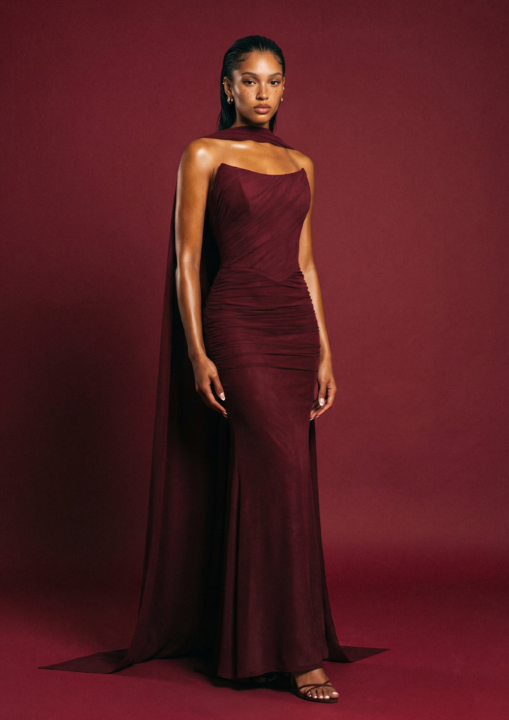 Burgundy Draped Evening Gown & Neck Scarf