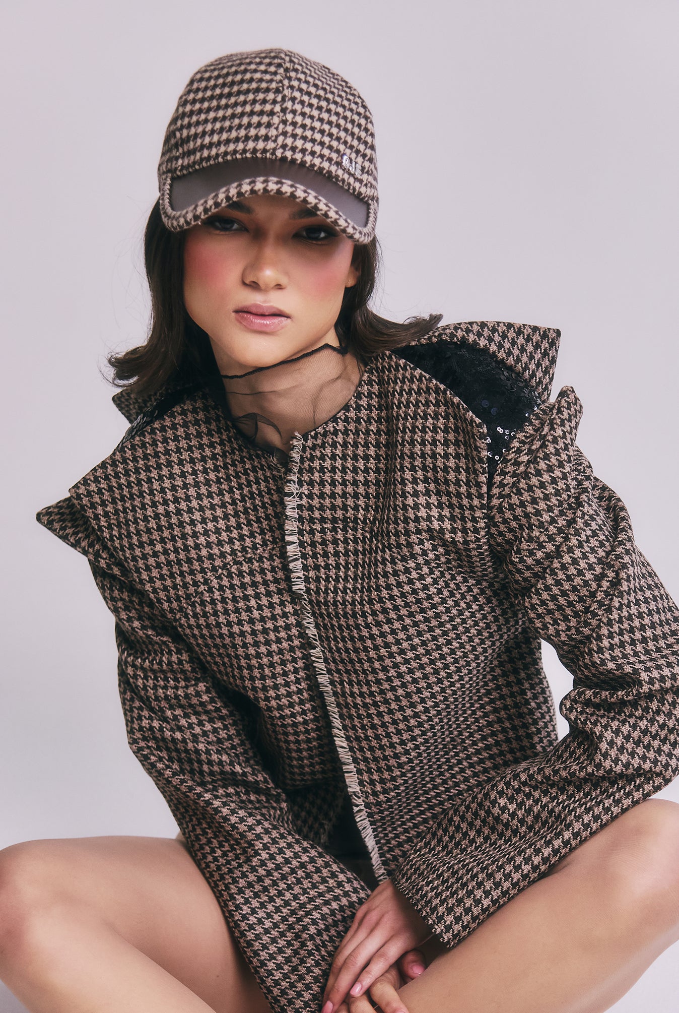 Silver CJE Embellished Brown Houndstooth Cap