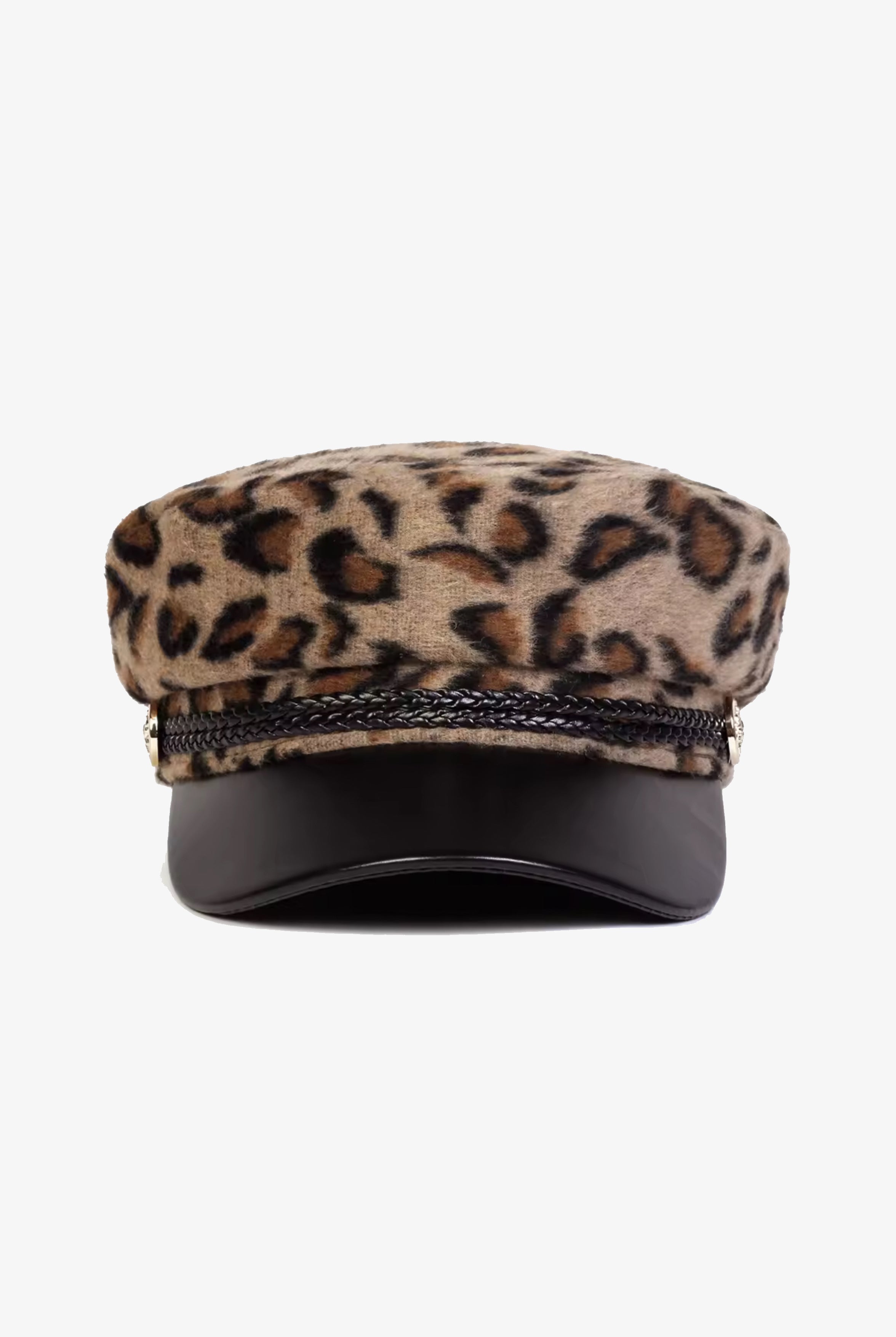Braided Trim Faux-Leather Front Leopard Print Baker Boy Hat