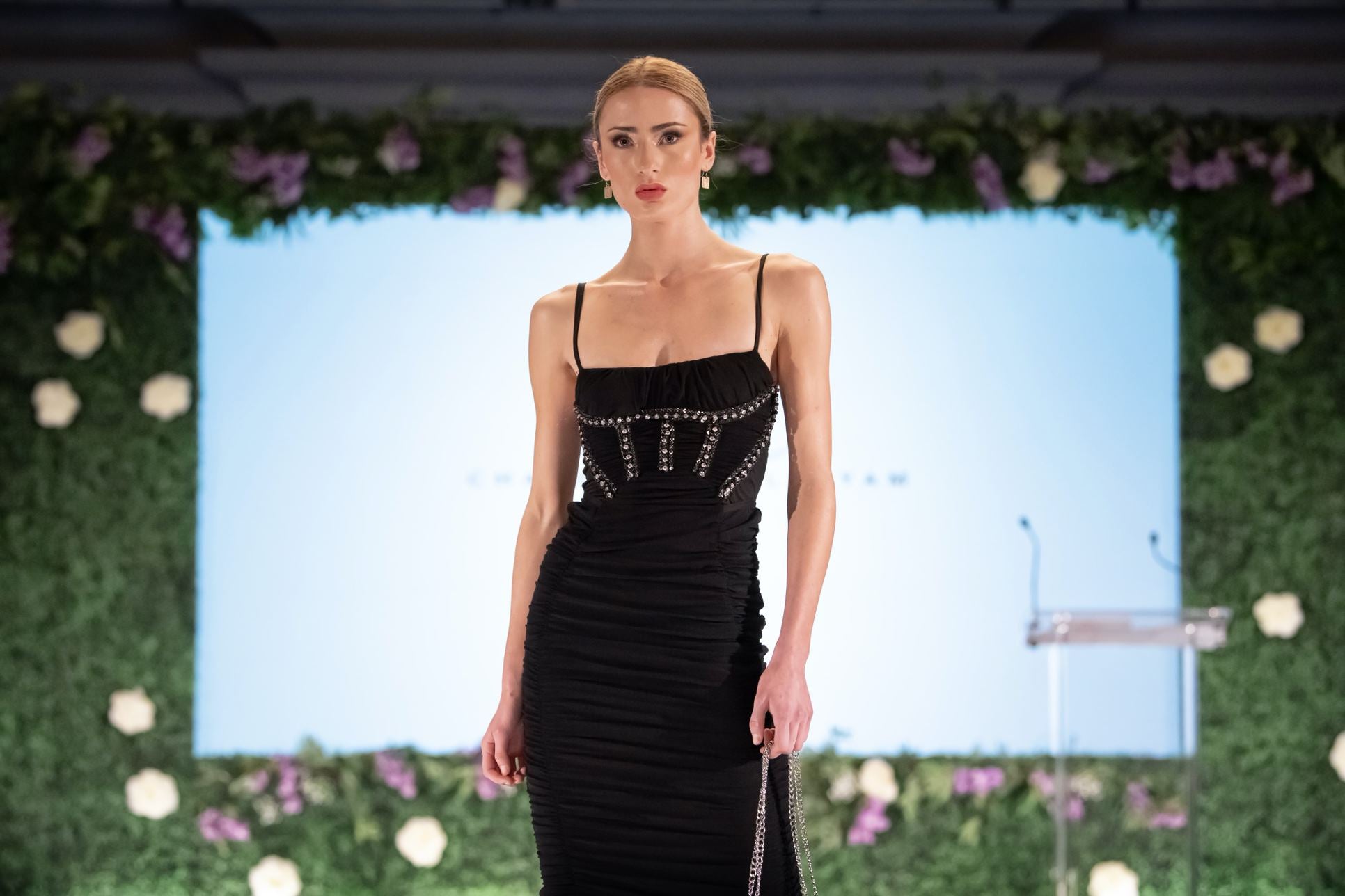 LONG RUCHED HAND EMBELLISHED DRESS