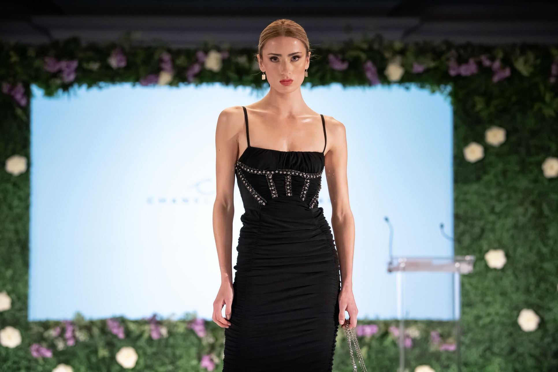 LONG RUCHED HAND EMBELLISHED DRESS