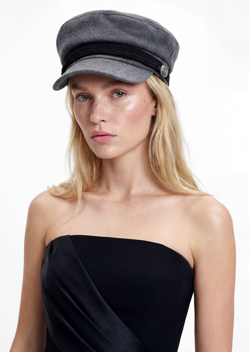 GREY EMBROIDERED TRIM BAKER BOY HAT