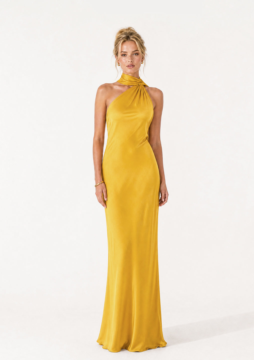 Yellow Halter Neck Satin Dress