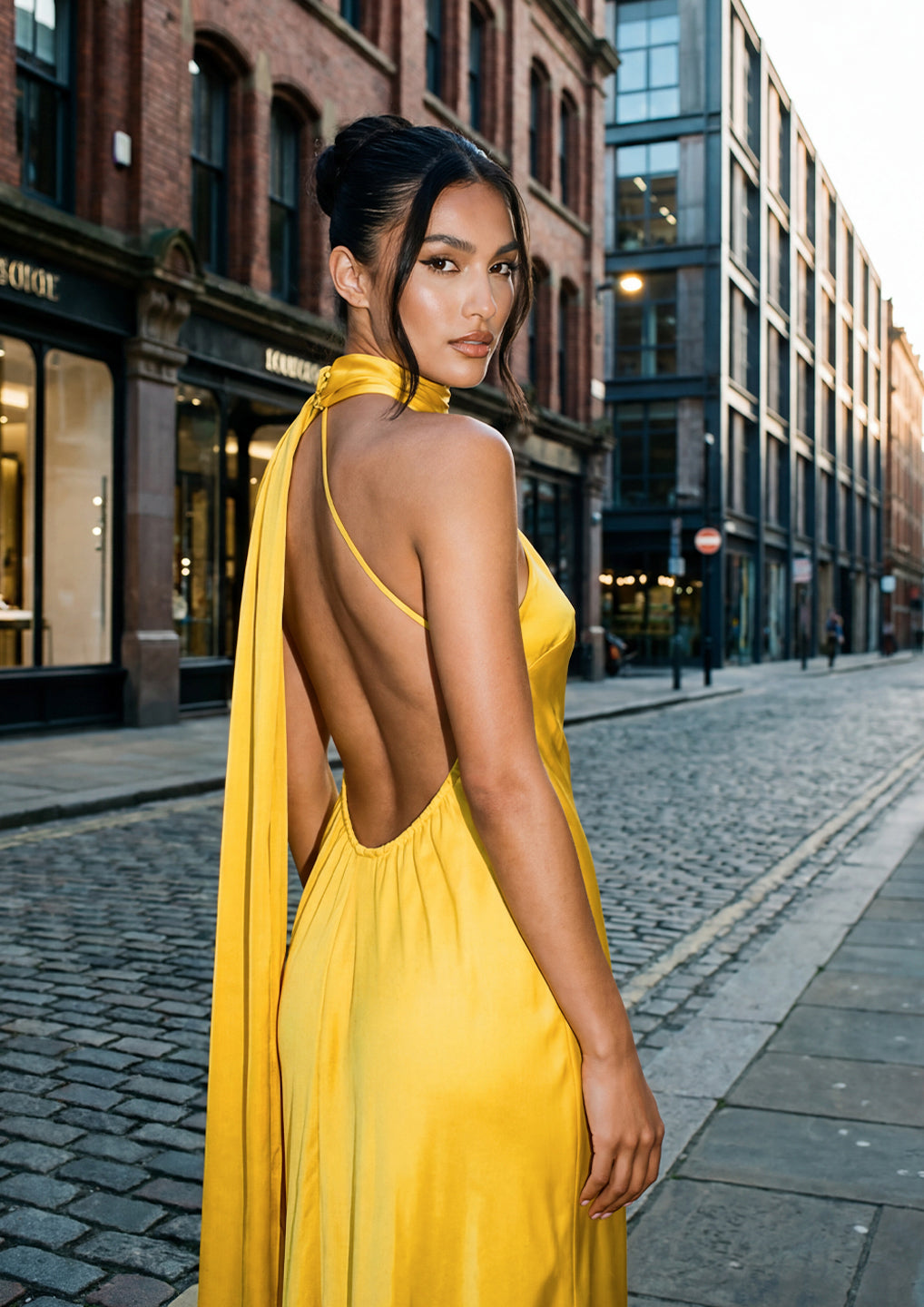 Yellow Halter Neck Satin Dress
