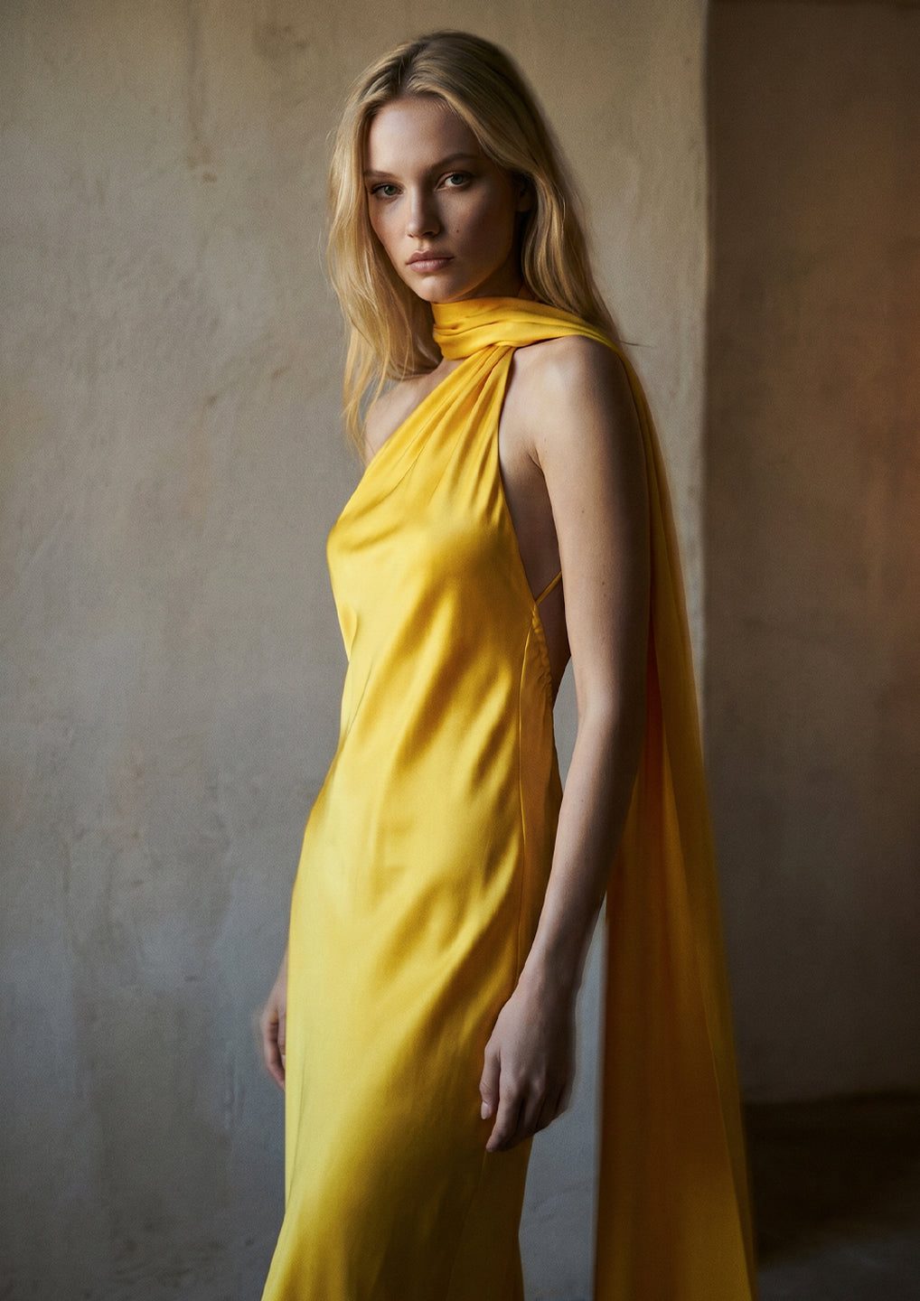 Yellow Halter Neck Satin Dress