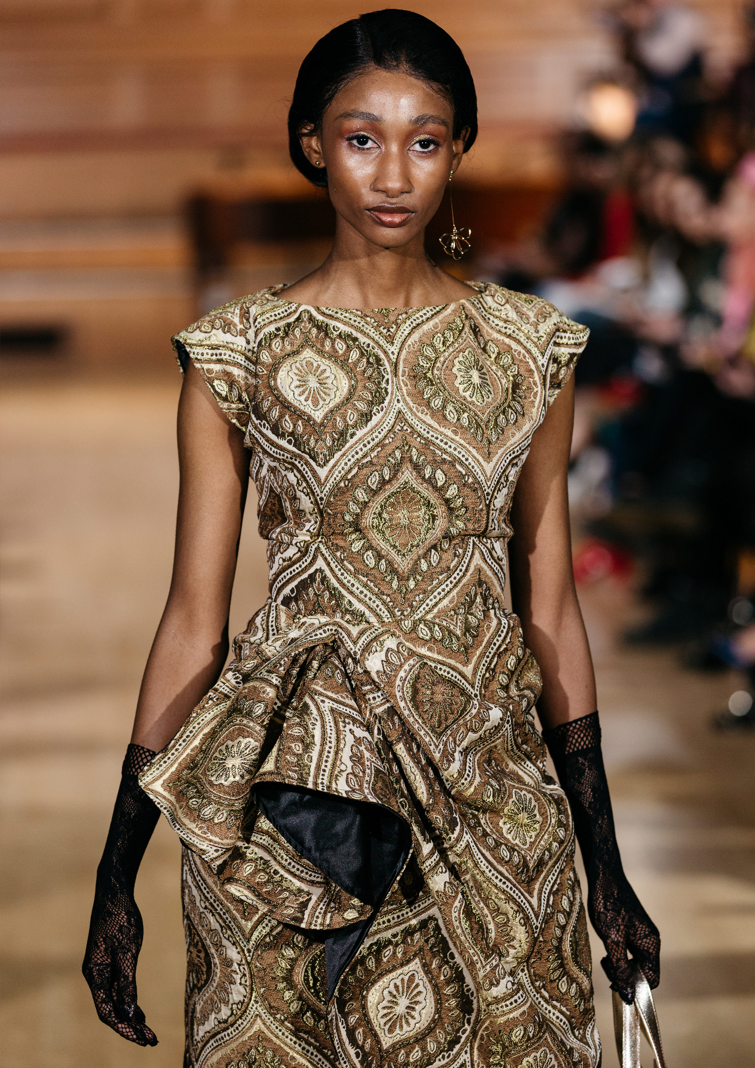 GOLD TAPESTRY RUCHED DRESS