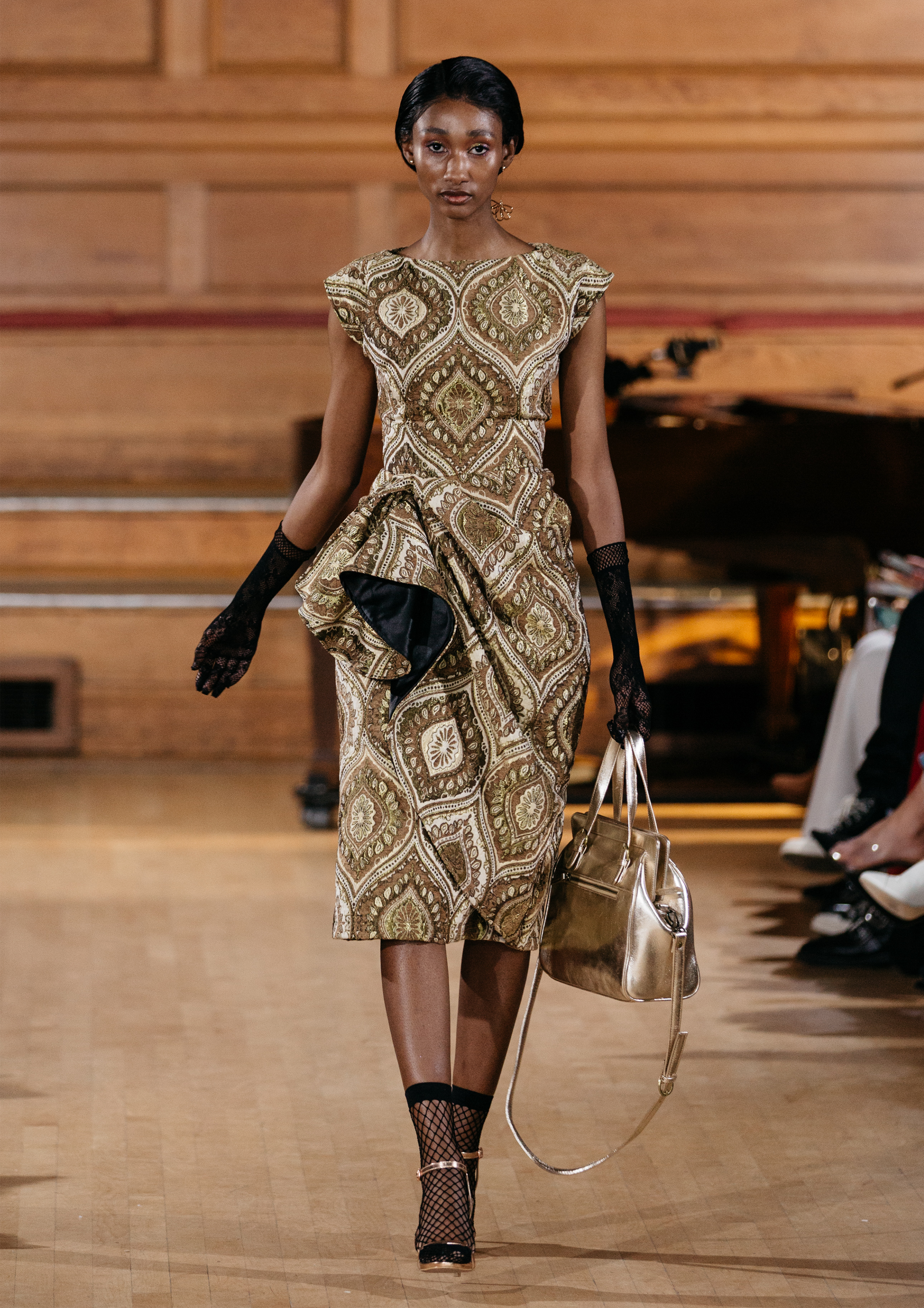 GOLD TAPESTRY RUCHED DRESS